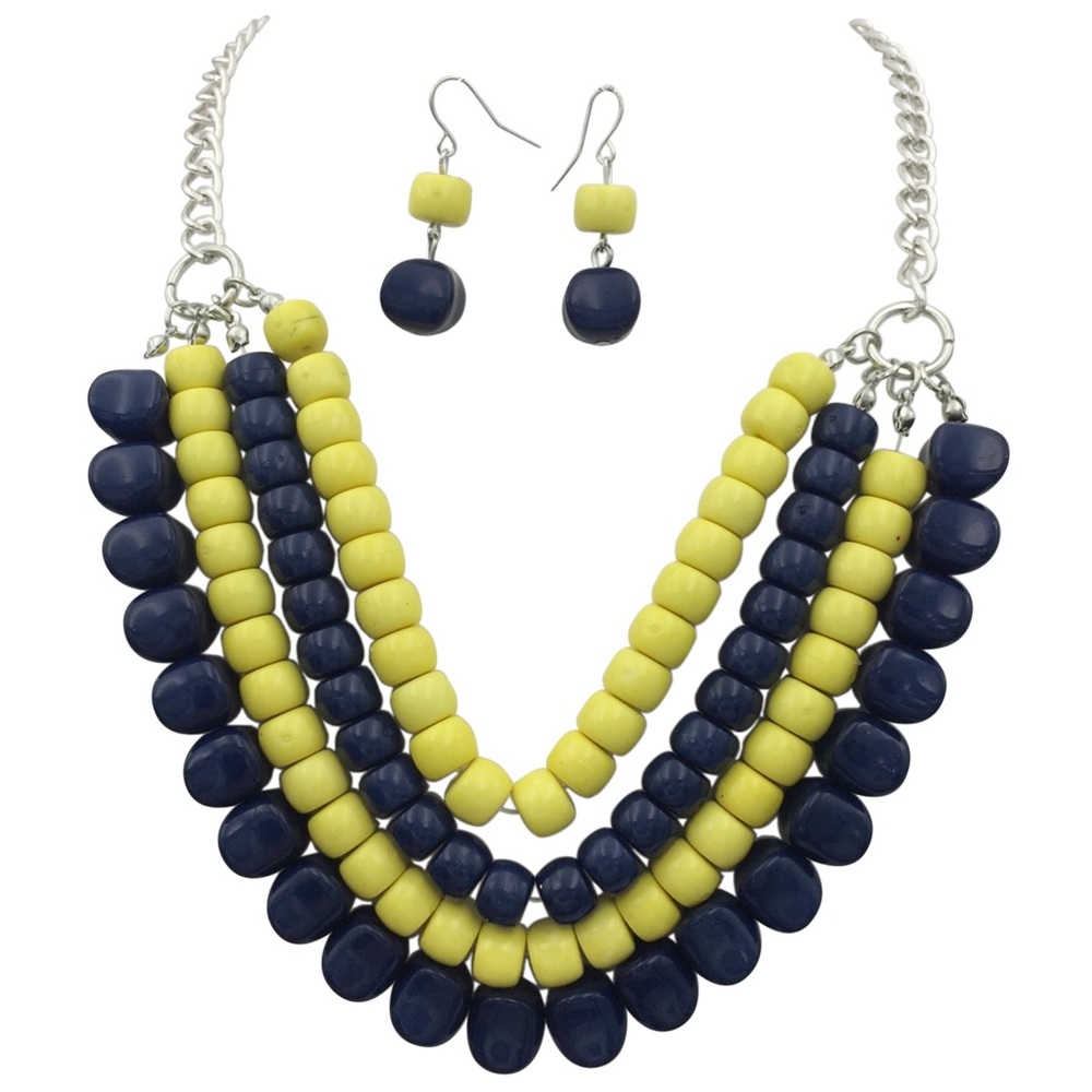 Navy Blue & Yellow 4 Row Beaded Necklace Earrings Set